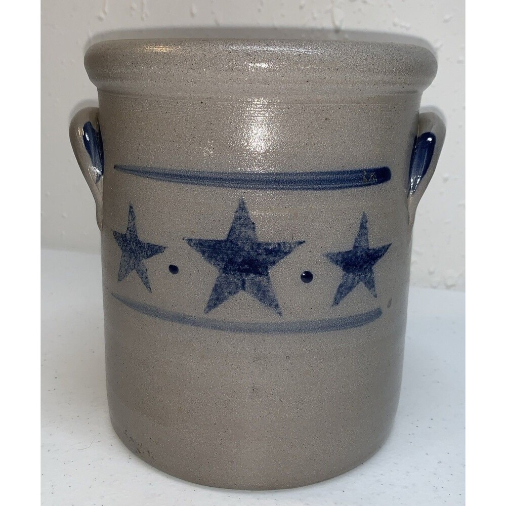 2000 Rowe Pottery Americana Stars & Stripes Salt Glaze Stoneware Crock